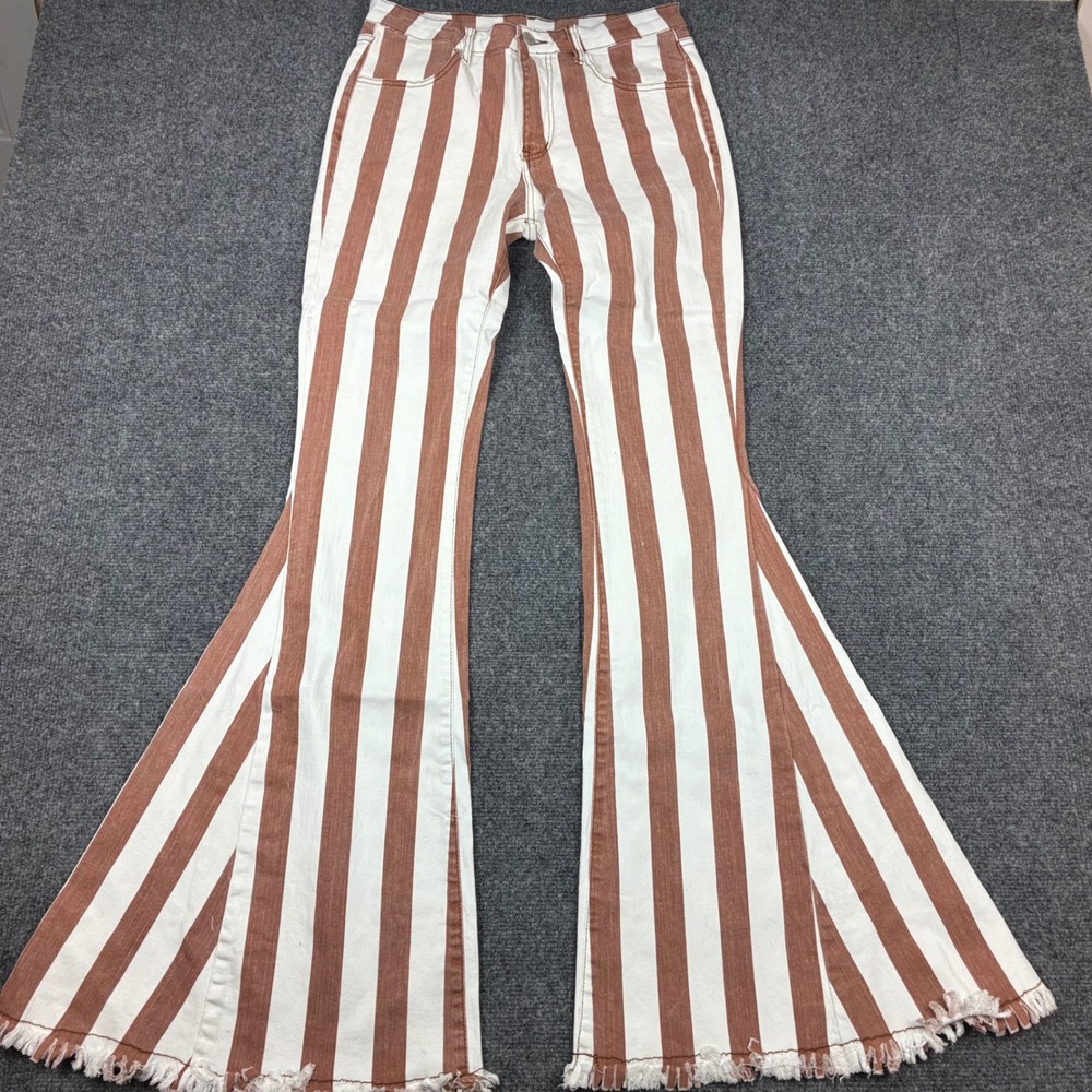 Saints & Hearts Striped Bell Bottom Jeans Brown White Flare Leg Womens Medium
